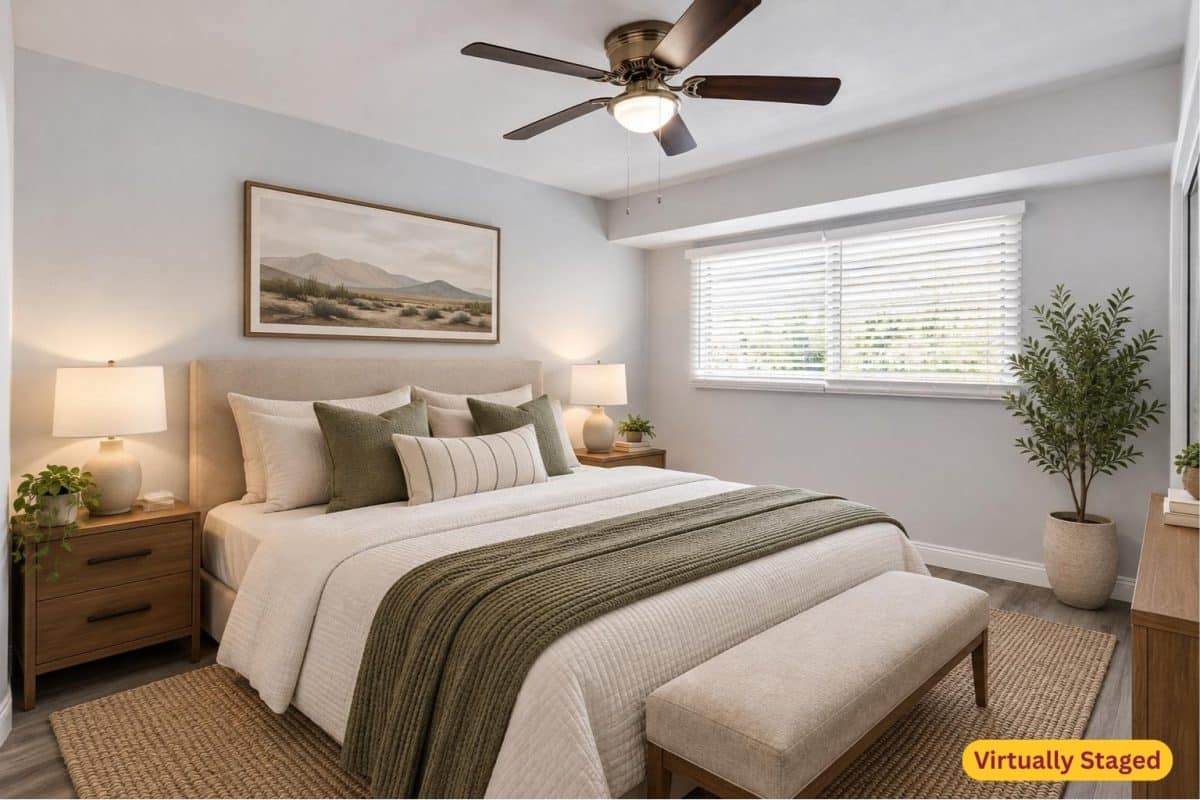 Virtually staged primary bedroom at 14 E Hermosa Dr